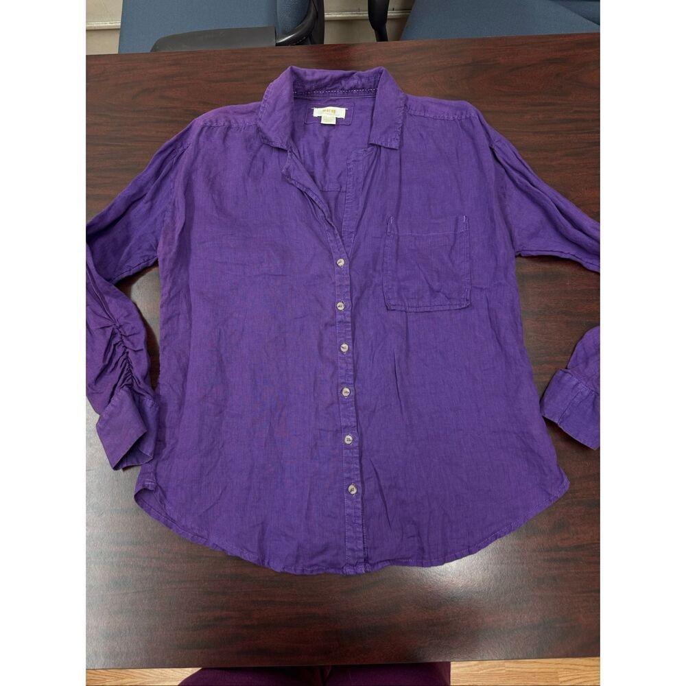 Maeve By Anthropologie Purple Button Up Linen Long Sleeve Blouse Size Medium